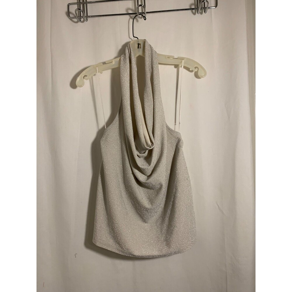 Shimmer Metallic Halter Draped Neck Top L